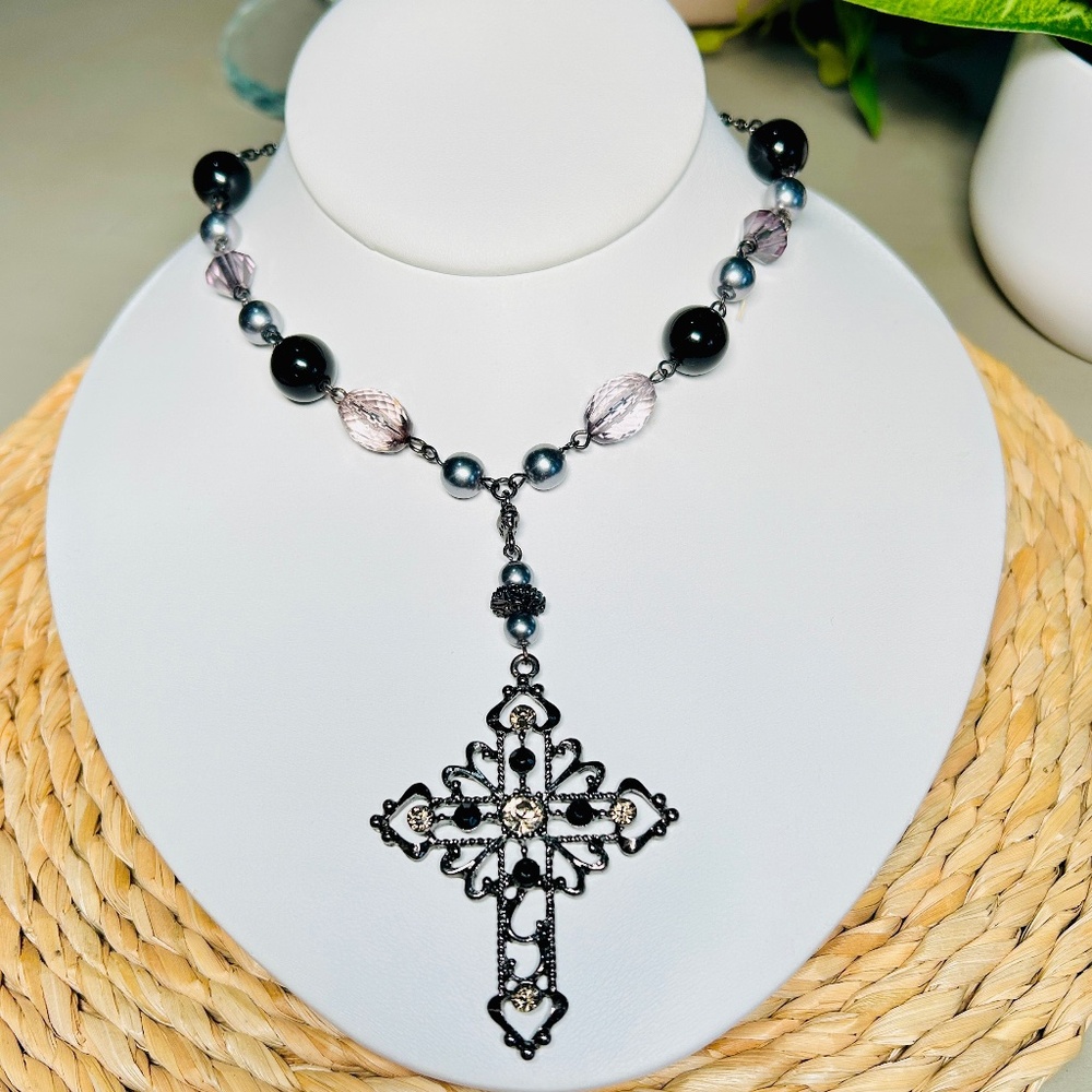 Vintage Beautifully Detailed Smokey Gray and Black Baroque Cross Necklace